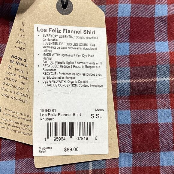 Prana Los Feliz Flannel Shirt Mens S Slim Fit Red Blue Plaid Rhubarb NWT - Picture 6 of 12